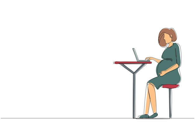 Vetor desenho contínuo de uma linha de uma mulher grávida sentada em um café e usando um laptop conceito de trabalho freelance