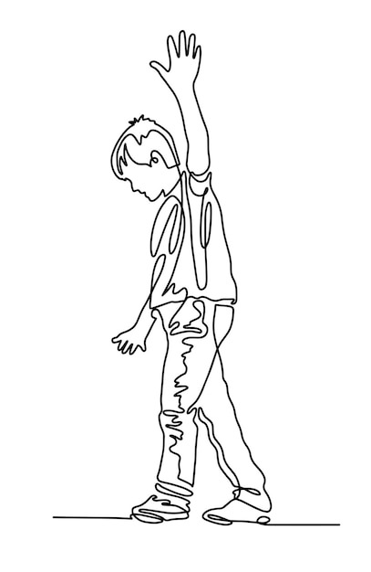 Desenho contínuo de uma linha do menino caminha ao longo da corda bamba