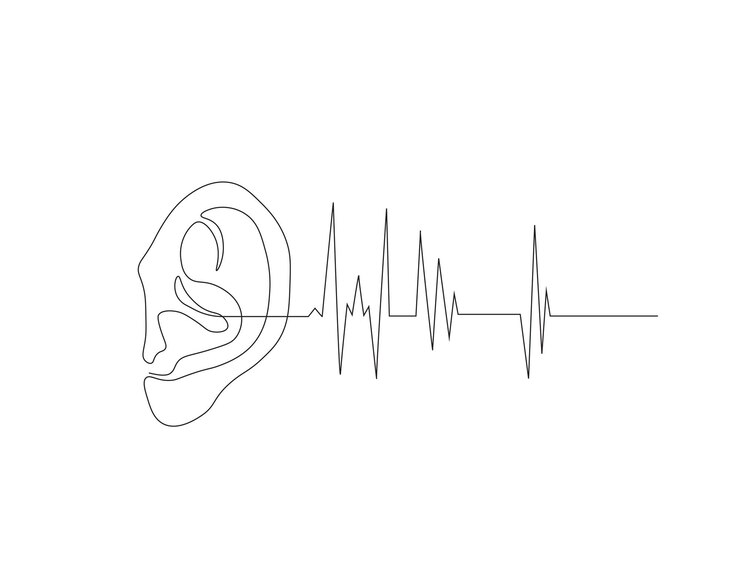 Vetor desenho contínuo de uma linha do ouvido humano com ondas sonoras ilustração de um desenho de linha de ouvido humano partes do conceito do corpo um esboço editável