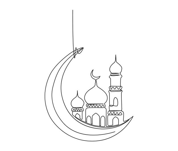 Desenho contínuo de uma linha do símbolo Ramadan Kareem. Ilustração simples do ramadã latern, mesquita,