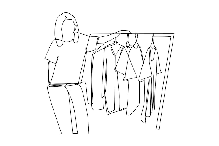 Vetor desenho contínuo de uma linha feliz vendedora oferecendo roupas elegantes ao cliente conceito de roupas desenho de desenho de linha única ilustração gráfica vetorial