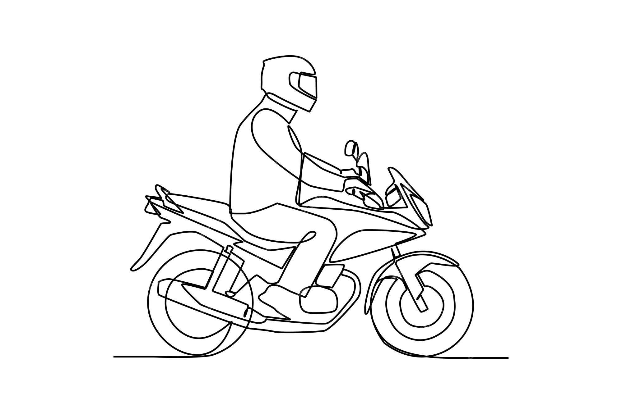 contínuo 1 linha desenhando feliz homem equitação moto em a