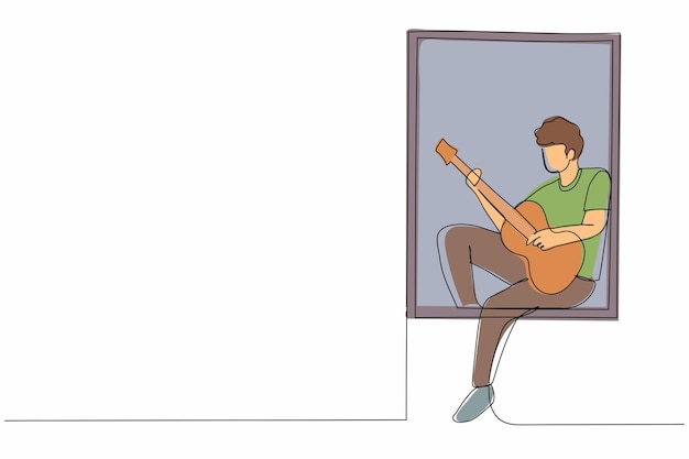 Vetor desenho contínuo de uma linha jovem senta-se na janela tocando guitarra e cantando uma canção descanso ficar em casa vida humana relaxamento conforto romântico desenho de linha única ilustração gráfica vetorial