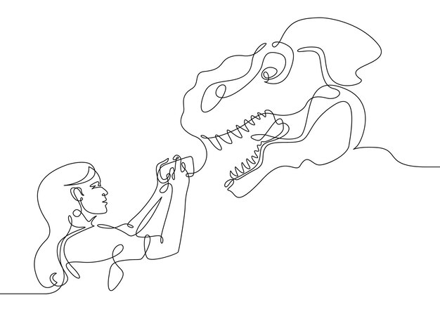 única linha contínua desenho menina caveman montando t-rex