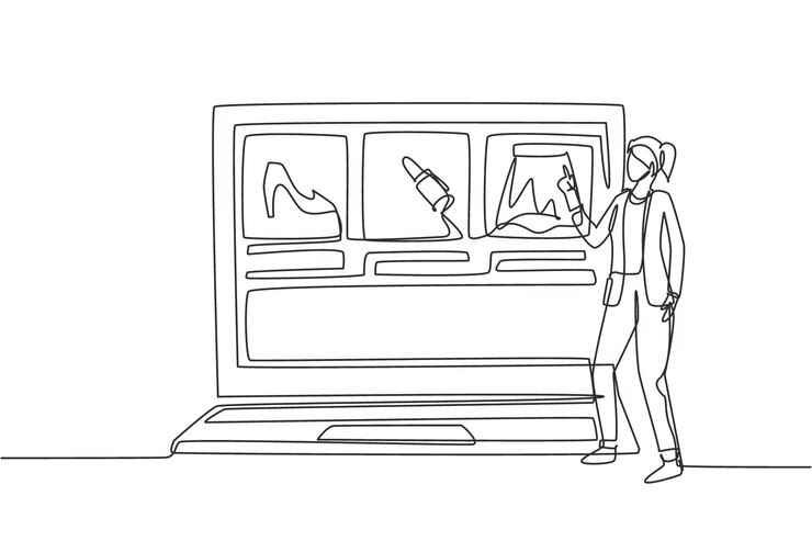 Vetor desenho contínuo de uma linha mulher escolhendo itens de compras na tela gigante do laptop estilo de vida digital
