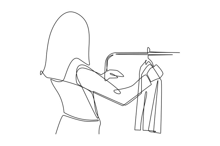 Vetor desenho contínuo de uma linha mulher feliz em pé na frente do cabide e tentando escolher a roupa de vestir conceito de roupas desenho de desenho de linha única ilustração gráfica vetorial