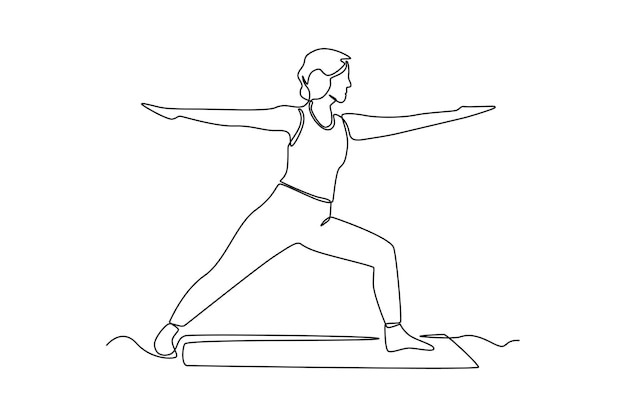 Desenho contínuo de uma linha mulher feliz ioga em casa cuidados de saúde em casa conceito design de desenho de linha única ilustração gráfica vetorial