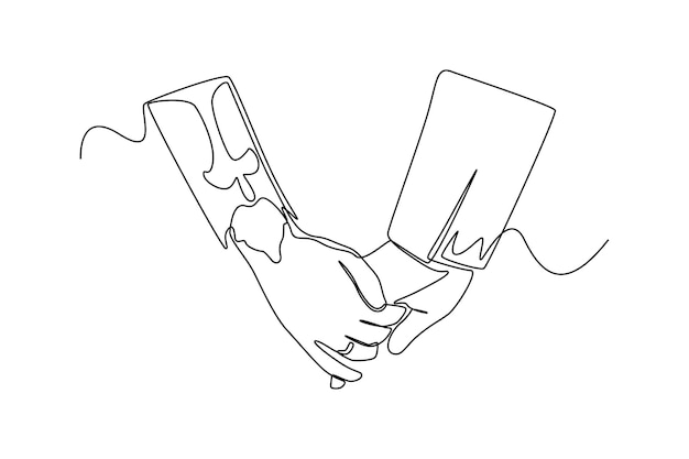 Desenho contínuo de uma linha o casal de mãos dadas no casamento conceito de casamento desenho de desenho de linha única ilustração gráfica vetorial