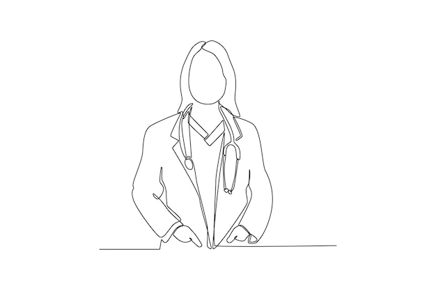 Desenho contínuo de uma linha profissional jovem médico confiante no estetoscópio de jaleco branco sobre o pescoço pronto para ajudar o paciente conceito de mulher moderna ilustração gráfica vetorial de design de desenho de linha única