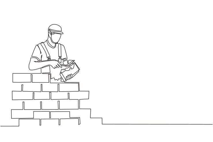 Vetor desenho contínuo de uma linha reparador de construção de parede de tijolos trabalhador de construção em uniforme e capacete