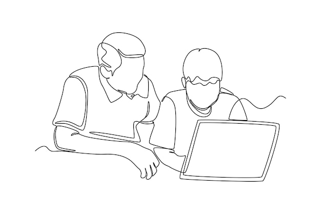Desenho contínuo de uma linha, um pai ensina seu filho a operar o laptop conceito de adolescentes em ascensão desenho de desenho de linha única ilustração gráfica vetorial
