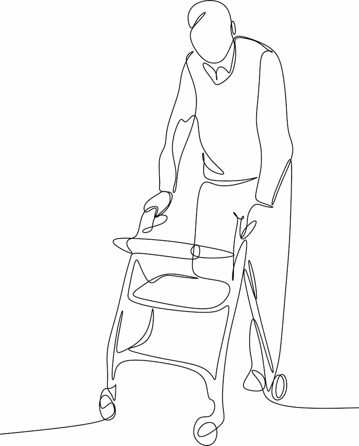 Vetor desenho contínuo em linha de um retrato em comprimento de um homem idoso com dores nas pernas