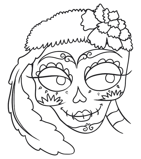 Desenho da elegante catrina com penas de flor bandana peluda e decorações tradicionais mexicanas em seu rosto para a celebração do dia dos mortos no méxico