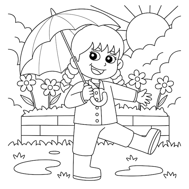 desenho de menino primavera brincando sob a chuva para colorir 15529354  Vetor no Vecteezy