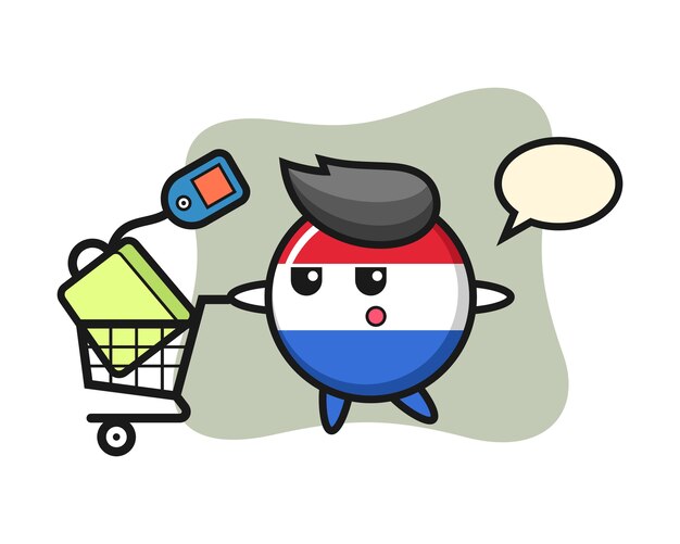 Vetor desenho da ilustração do emblema da bandeira da holanda com um carrinho de compras