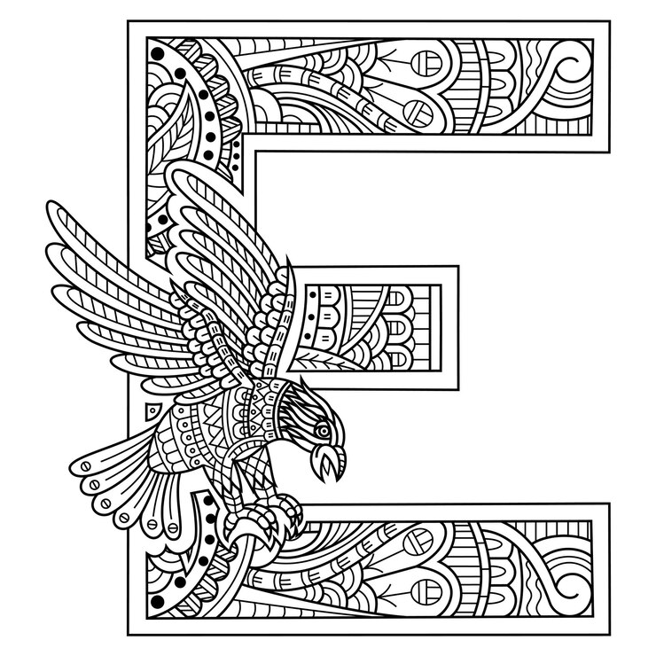 Vetor desenho da letra e do alfabeto para águia em estilo zentangle