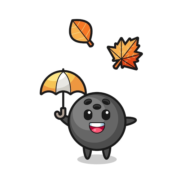 Desenho da linda bola de boliche segurando um guarda-chuva no outono, design de estilo fofo para camiseta, adesivo, elemento de logotipo