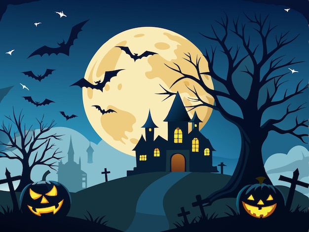 Desenho da noite de Halloween com abóboras de lua à noite e morcegos voando