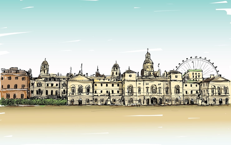 Vetor desenho da paisagem da cidade em londres, inglaterra, mostra o antigo castelo e carrossel, ilustração