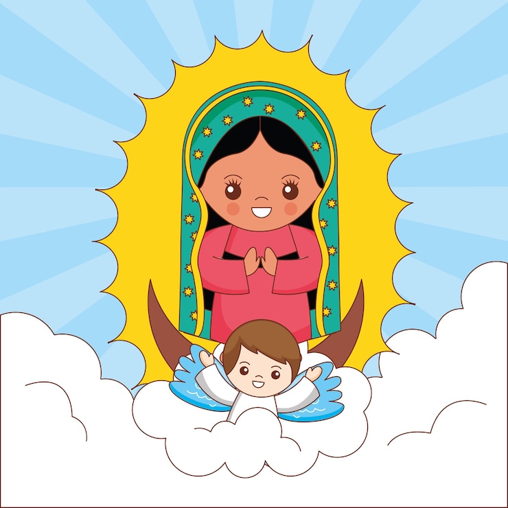 Vetor desenho da virgem maria de guadalupe com um anjo segurando-a entre o céu