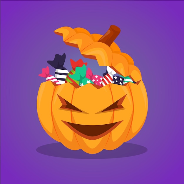 Vetor desenho de abóbora de halloween com doces
