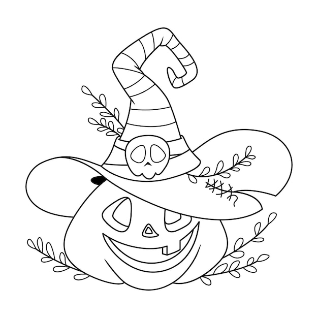 Desenho de abóbora de ilustração com chapéu de bruxa para colorir de halloween