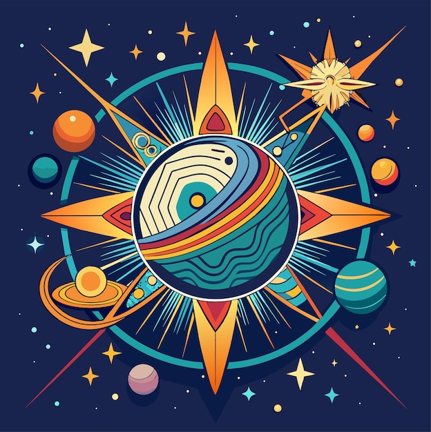 Desenho de adesivo de camiseta de um inspirado em elementos celestes como estrelas e galáxias para um cósmico