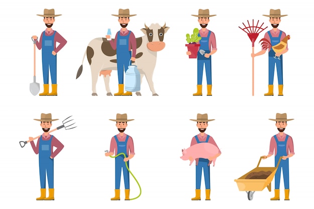 Desenho de agricultor feliz em muitos caracteres definido