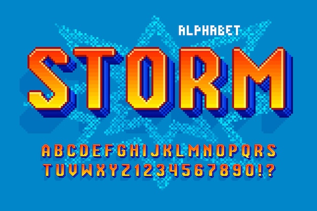 Desenho de alfabeto de vetor de pixel, estilizado como em jogos de 8 bits. alto contraste e nítido, retro-futurista. fácil controle de cores de amostra. efeito de redimensionamento.