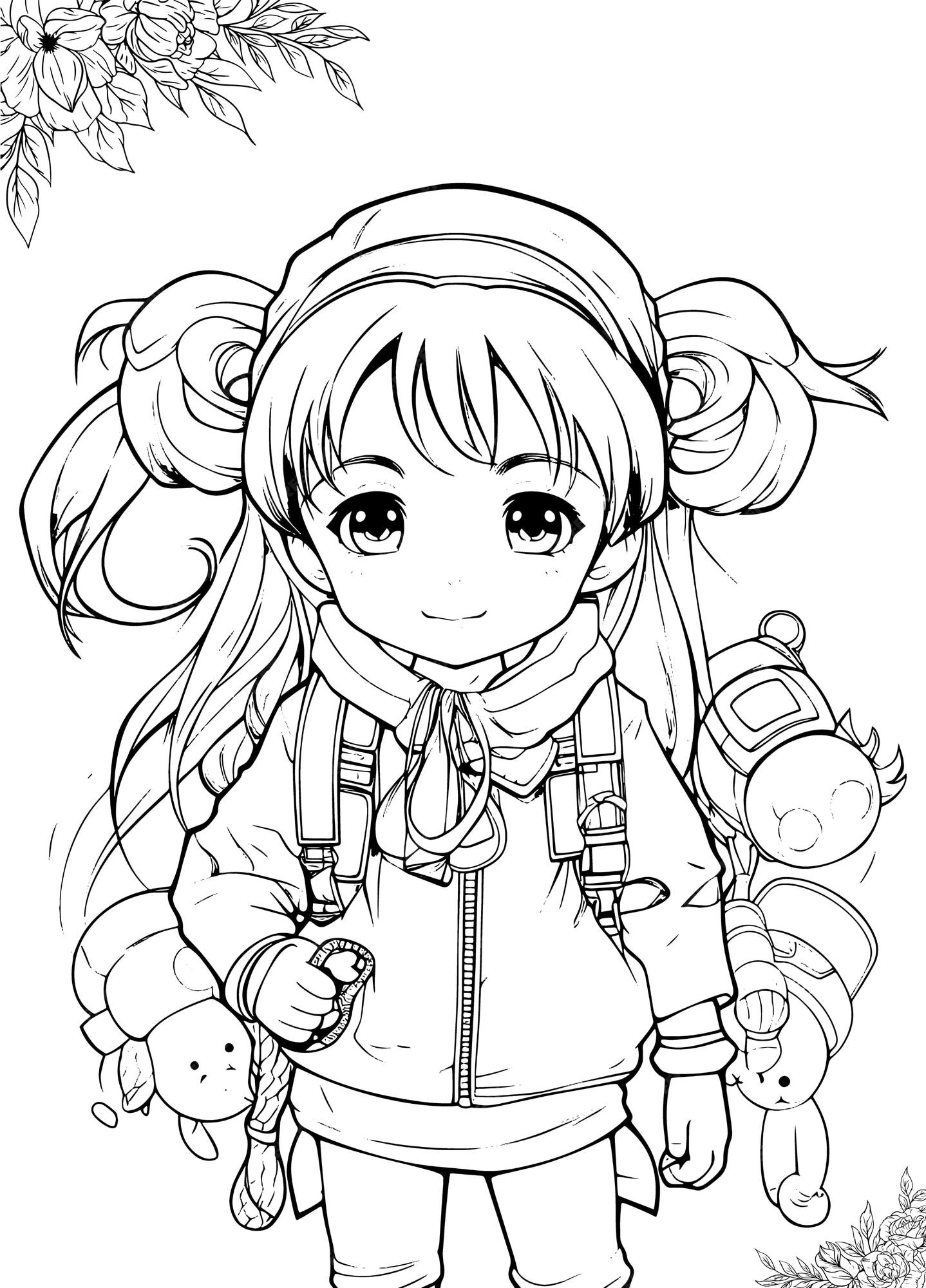 Desenho De Páginas Para Colorir Kawaii Esboço Anime Menina Vetor