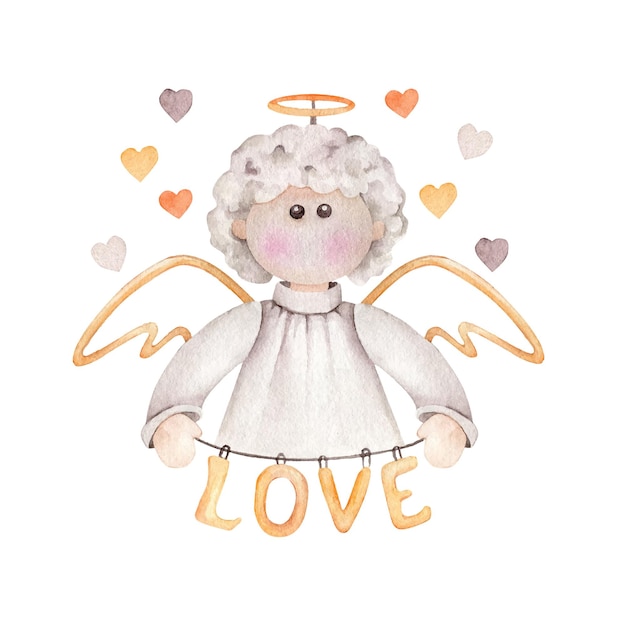 Desenho de anjo com palavra de amor isolada no branco