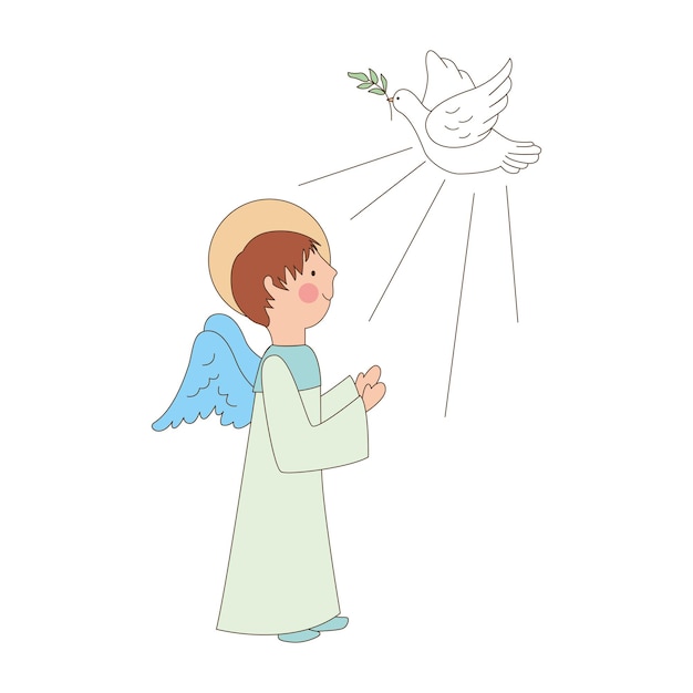 Vetor desenho de anjo em perfil com as mãos para cima entre a presença do espírito santo ilustração vetorial