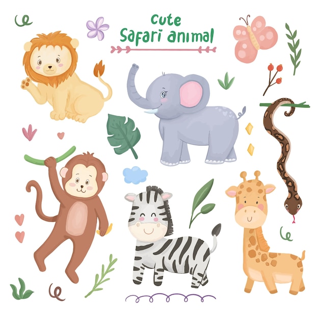 Desenho de aquarela animal safari para crianças imprimir. animal infantil de elefante, leão, cobra, macaco, zebra e girafa