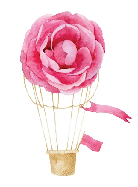 Desenho de aquarela balão de ar quente com flores rosa rosa padrão delicado para meninas gentis