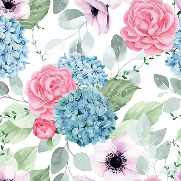 Vetor desenho de aquarela sem costura padrão com buquês de flores de jardim de rosas cor de rosa peônias azuis