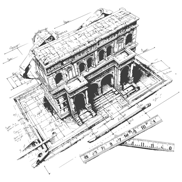 Vetor desenho de arquiteto em ação com estilo de gravura antigo