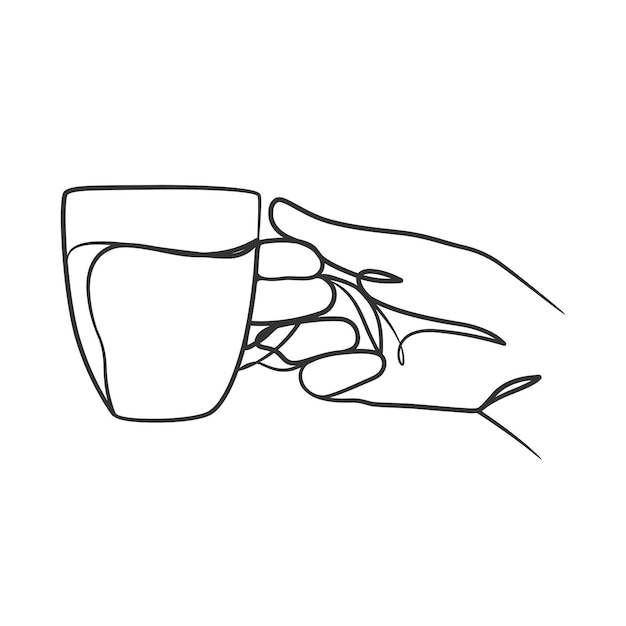 Desenho de arte de linha contínua de mãos segurando uma xícara de café ou chá. mão segurando a xícara de café ou chá