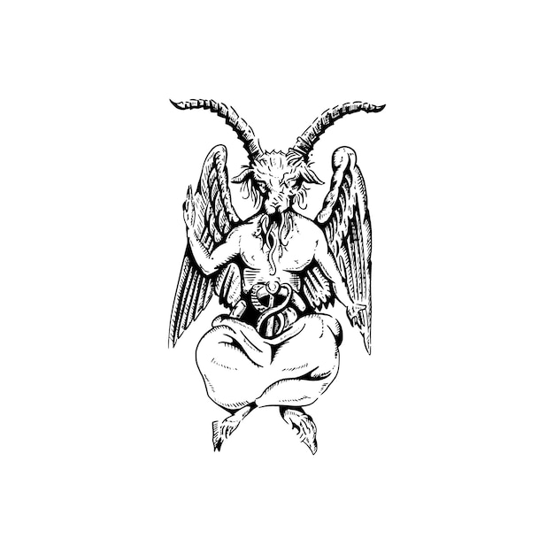 Desenho de arte vetorial de símbolos satânicos de Baphomet, desenho retrô de mão assustador.