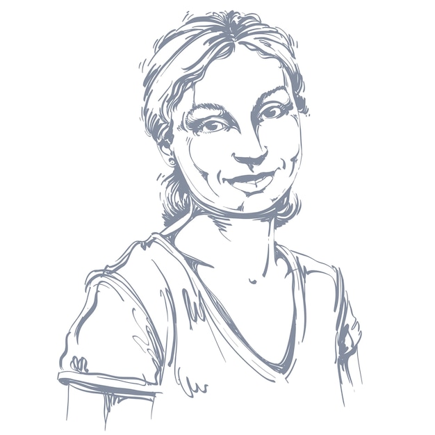 Desenho de arte vetorial, retrato de linda garota sorridente feliz isolada em branco. expressões faciais, emoções positivas de pessoas.
