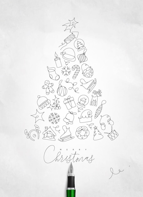 Desenho de árvore de brinquedo de Natal com linha de caneta sobre fundo de papel amassado
