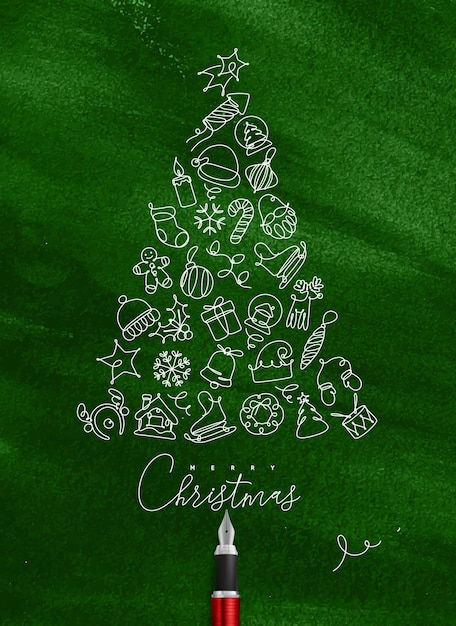 Desenho de árvore de brinquedo de natal com linha de caneta sobre fundo verde
