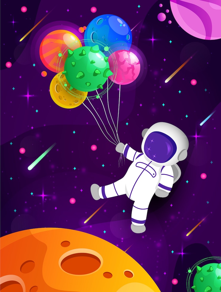 Vetor desenho de astronauta bonito flutuando com o planeta balão no fundo do espaço.