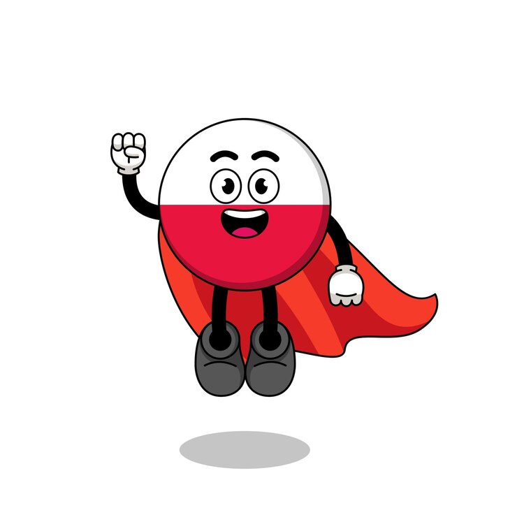 Vetor desenho de bandeira da polônia com design de personagens de super-heróis voadores