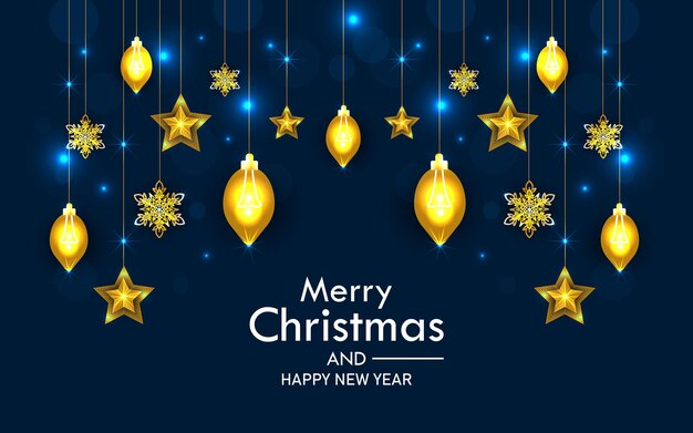 Desenho de bandeira de Natal feliz com flocos de neve e estrelas decorativas de luz de Natal