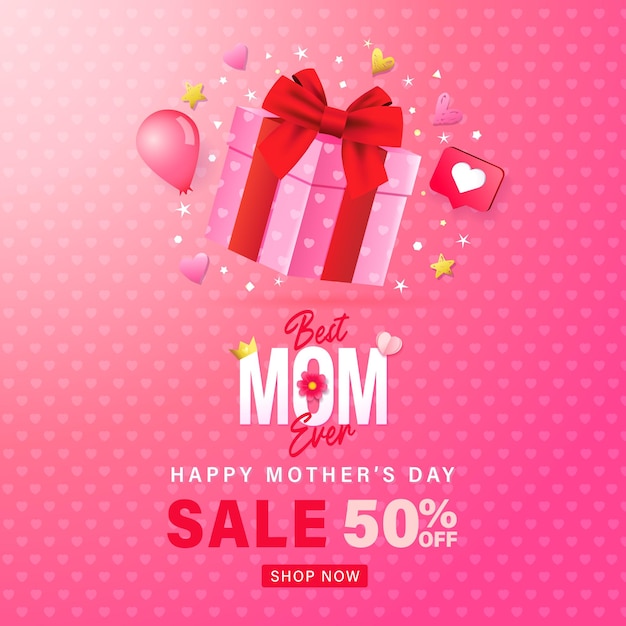 Desenho de banner de venda do Dia das Mães com elementos gráficos 3D