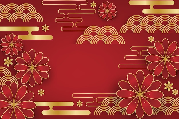 Desenho de banner do festival de ano novo chinês com flores e nuvens sobre fundo vermelho