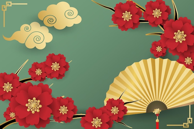 Desenho de banner do festival de Ano Novo Chinês com leques dobráveis com nuvens douradas e galhos de flores vermelhas