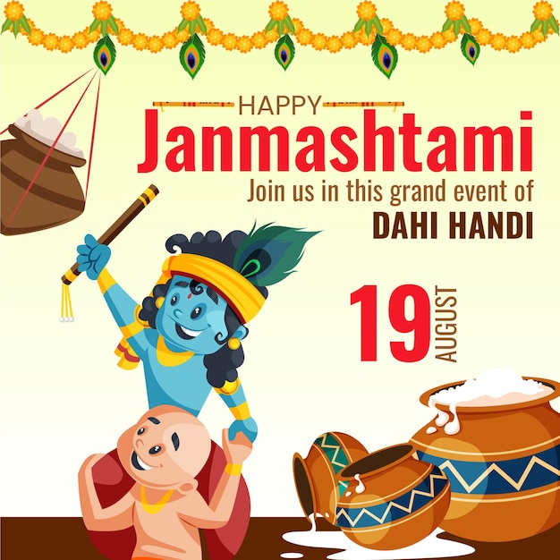 Desenho de banner do modelo de festival indiano feliz krishna janmashtami