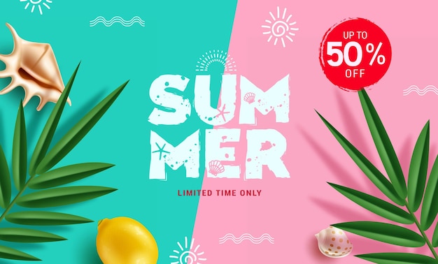 Desenho de banner vetorial de venda de verão promoção de verão em tempo limitado oferta com 50% de desconto