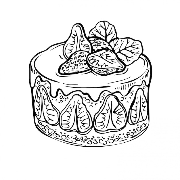 Desenho de bolo de frutas, bagas. bolo de morango de tinta desenhada de mão. ilustração de cozimento. menu de doodle de café